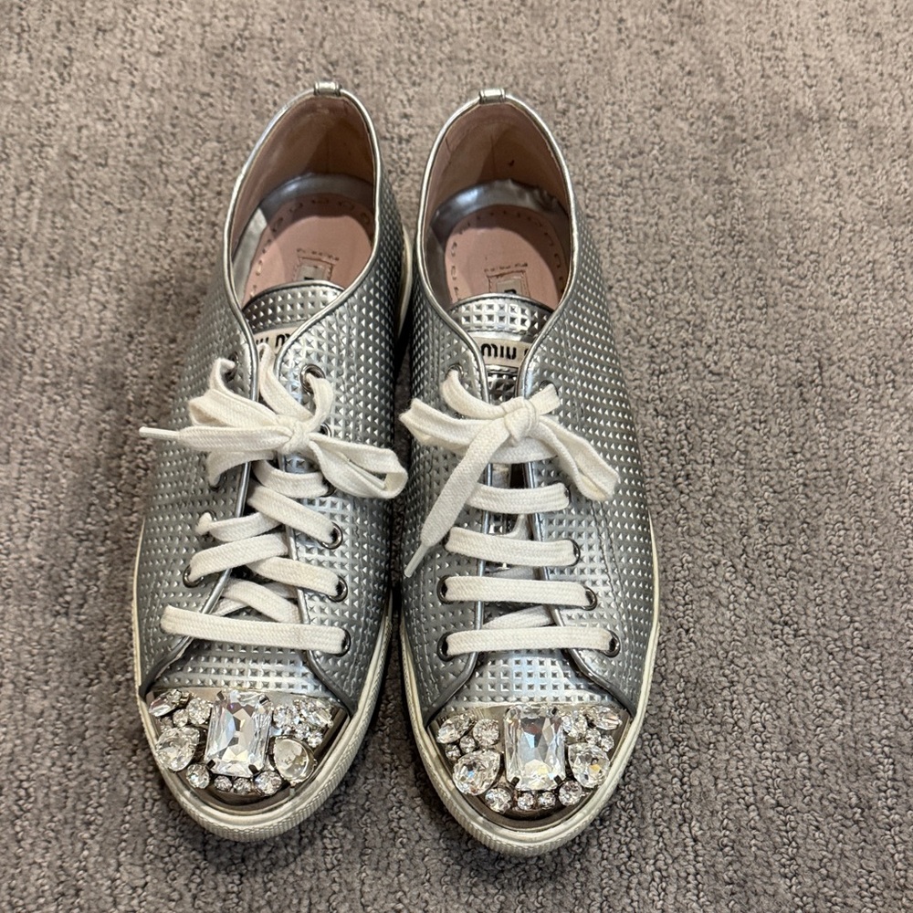 Miu Miu Silver Crystal-Embellished Sneakers Size 38 (8)